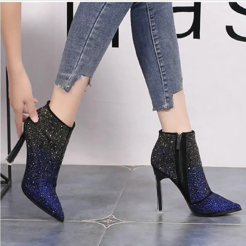 Женские сексуальные ботильоны с острым носком на тонком каблуке кристаллами и