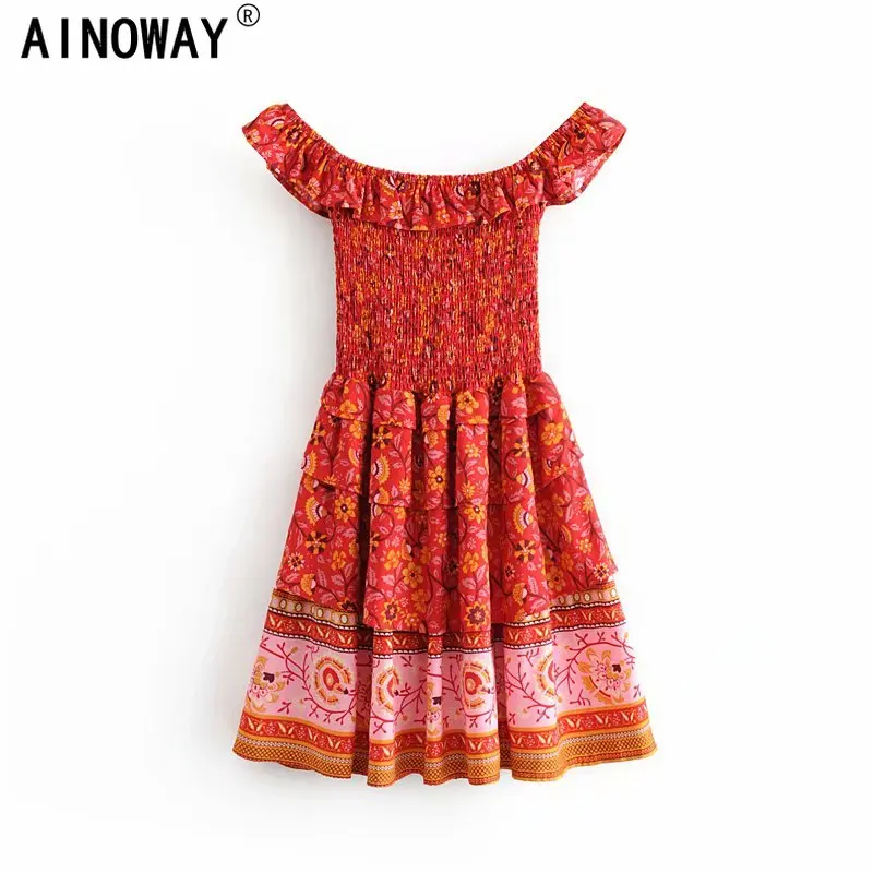 Винтажное шикарное женское платье с цветочным принтом и открытыми плечами