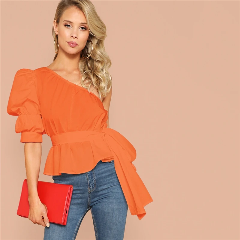 SHEIN Однотонный Топ На Одно Плечо С Пышными Рукавами И Поясом Женская Летняя Белая Элегантная Блузка С Средним Рукавом