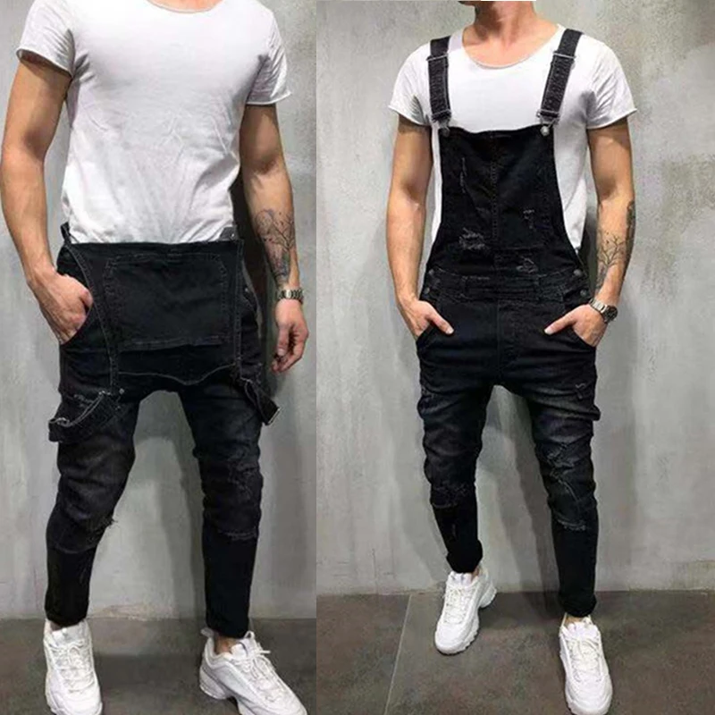 2021 New Fashion Men's Ripped One-Piece Jeans Jumpsuits Casual Hole Distressed Denim Bib Overalls For Men Suspender Pants S-XXXL