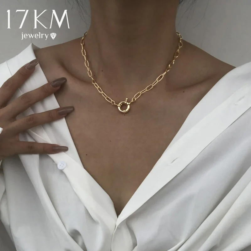 17KM Vintage Gold Plated Irregular Circle Chain Pendant Necklaces For Women Fashion Lock Coin Pendant Necklace Party Jewelry New