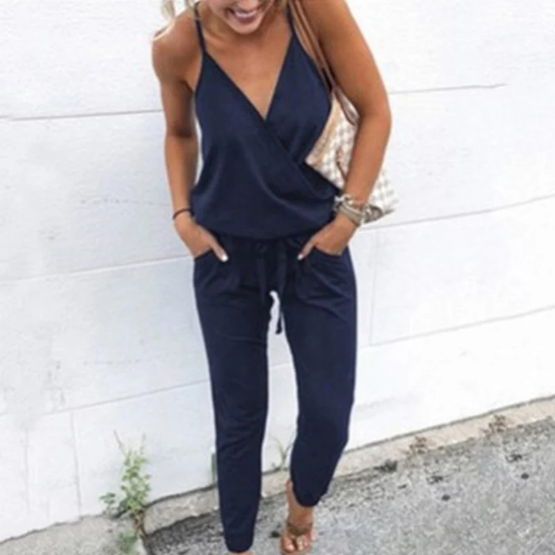 

Hot Sale Summer Ladies Jumpsuit Lace-up Pocket Halter Sling Rompers V-Neck Sexy Solid Color Sleeveless Bodysuits Women Casual