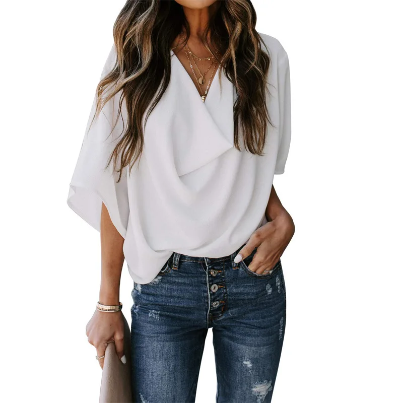 

2021 new Europe and the United States chiffon shirt outside loose v-neck casual tops female women sexy tops