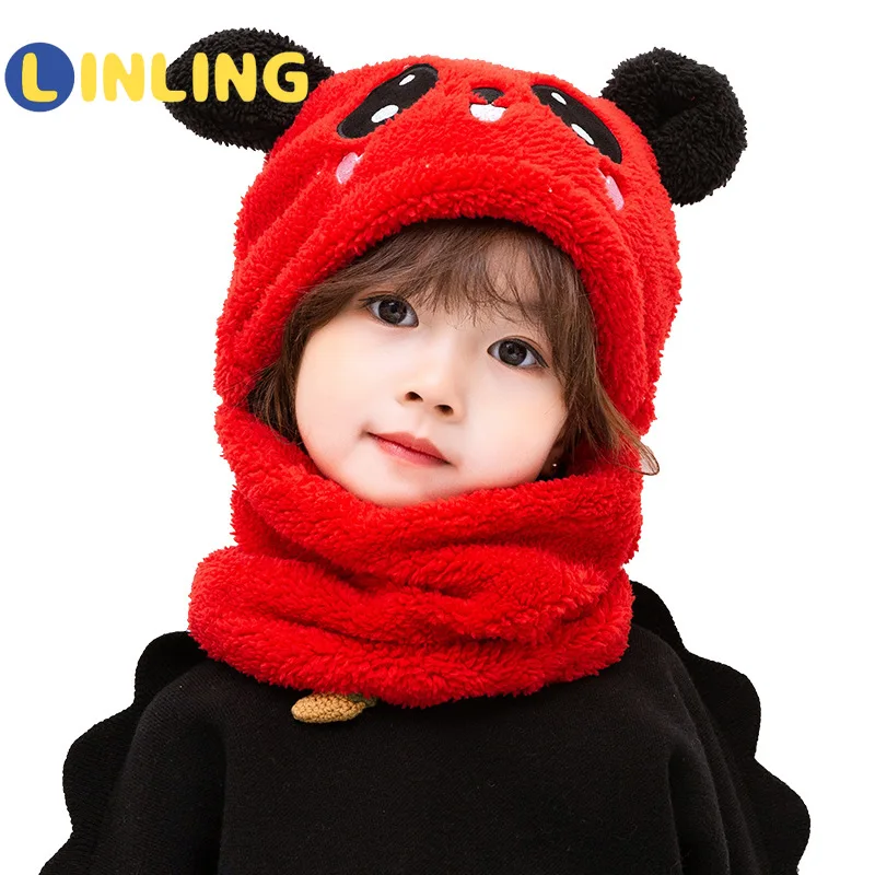 

LINLING New Arrival Winter Autumn Fashion Cute Bear Ears Warm Hat Boy Girls Kids Windproof Neck Scarf Cap Plus Cashmere Cap P537