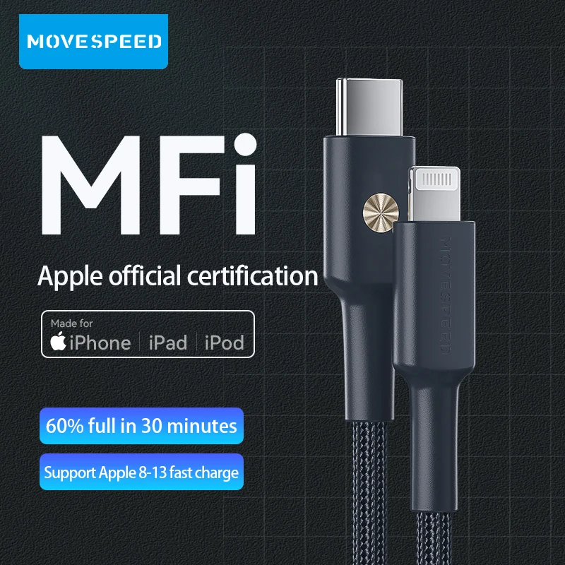 Кабель MOVESPEED с MFi USB Type C на Lightning для iPhone 13 Mini Pro Max 8 PD 18 Вт 20 кабель быстрой зарядки и