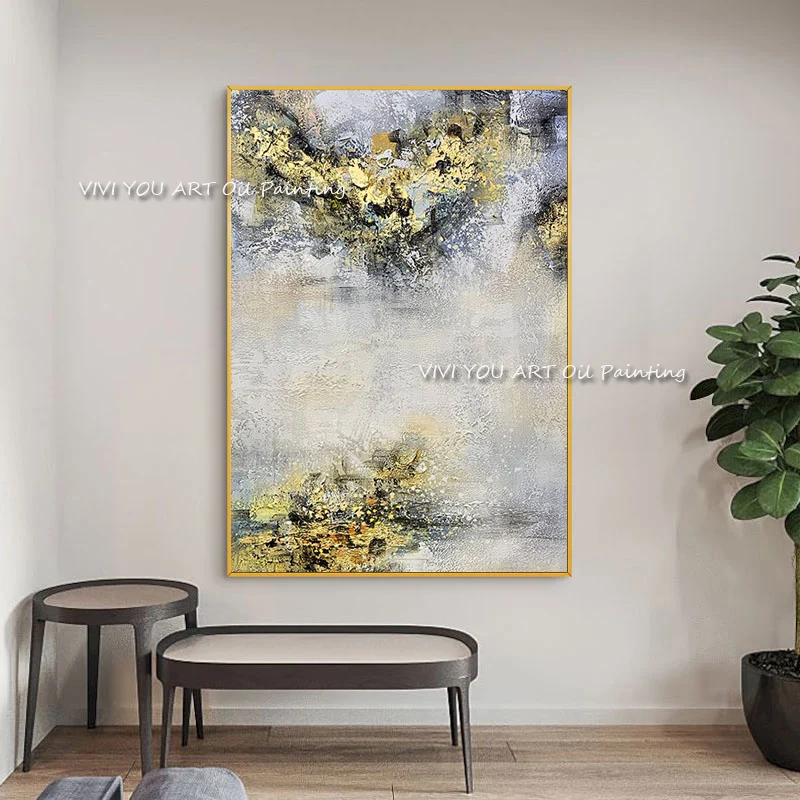 

Абстрактная простая Толстая холст большого размера картина маслом из золотой фольги 100% ручная работа серая Современная Ручная роспись для домашнего декора гостиной