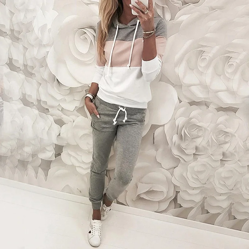 

Women Set For Sport Fashion Patchwork Hoodie Pocketed Long Sleeve Women Suit Ladies Top Long Pant Playsuit Streetwear Mujer