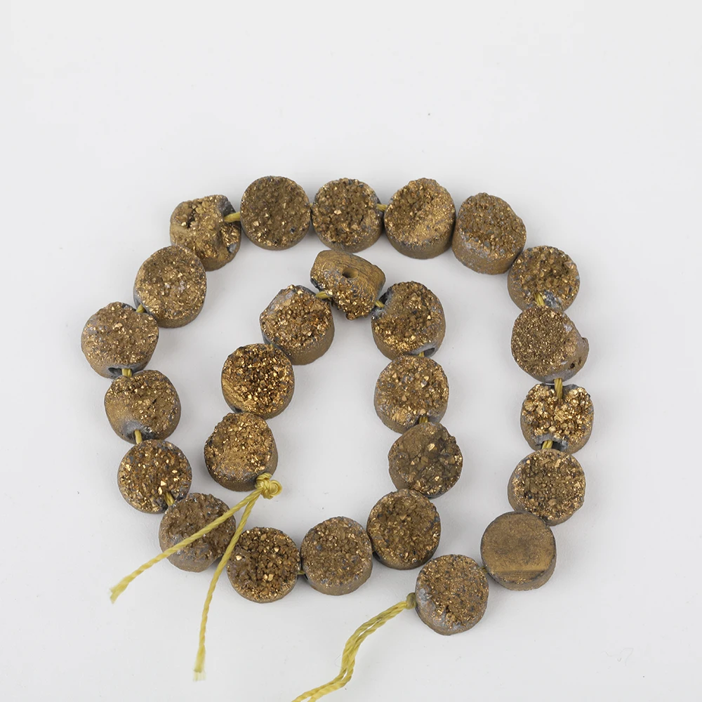 

Approx 25pcs/strands Middle Drilled 8mm Gold Titanium Raw Drusy Druzy Agates Round Spacer Pendant Necklace Strands XFX-172AMFE