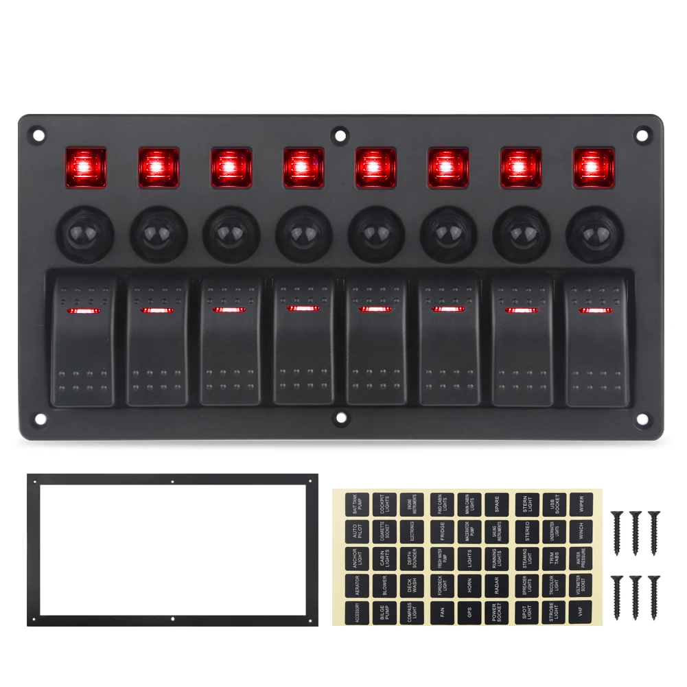 

8 Gang Switch Panel Car Styling Waterproof 12V/24V Car Auto Boat Marine Red Led Rocker Switch Panel Circuit Breakers