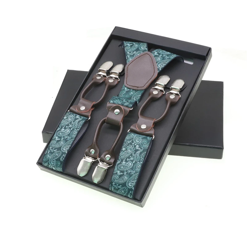4 With Box Мужские модные подтяжки коричневые из натуральной кожи 6 зажимы подтяжек винтажные повседневные брюки в западном стиле регулируемые подтяжки - Цвет: 4 With Box