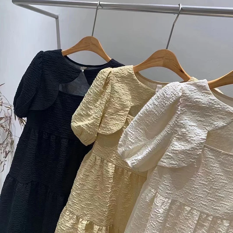 

GALCAUR Solid Elegant Dress For Women O Neck Puff Short Sleeve High Waist Ruched A Line Mid Dresses Female 2021 Summer Clothes