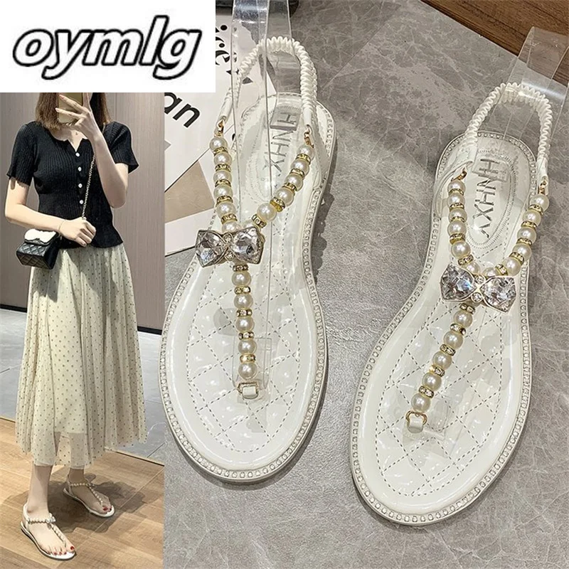 

Sandals female fairy style summer 2021 new fashion flat bottom rhinestone pearl bohemian sandals fashion shoes shoes for women