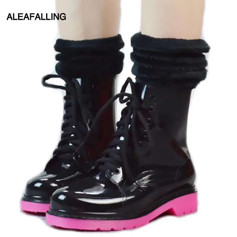 

Aleafalling Shinning PVC Warm Women Rubber Boots Colorful Thicken Shoes Fashion Slip On Waterproof Motorcycle Good Shoes W169