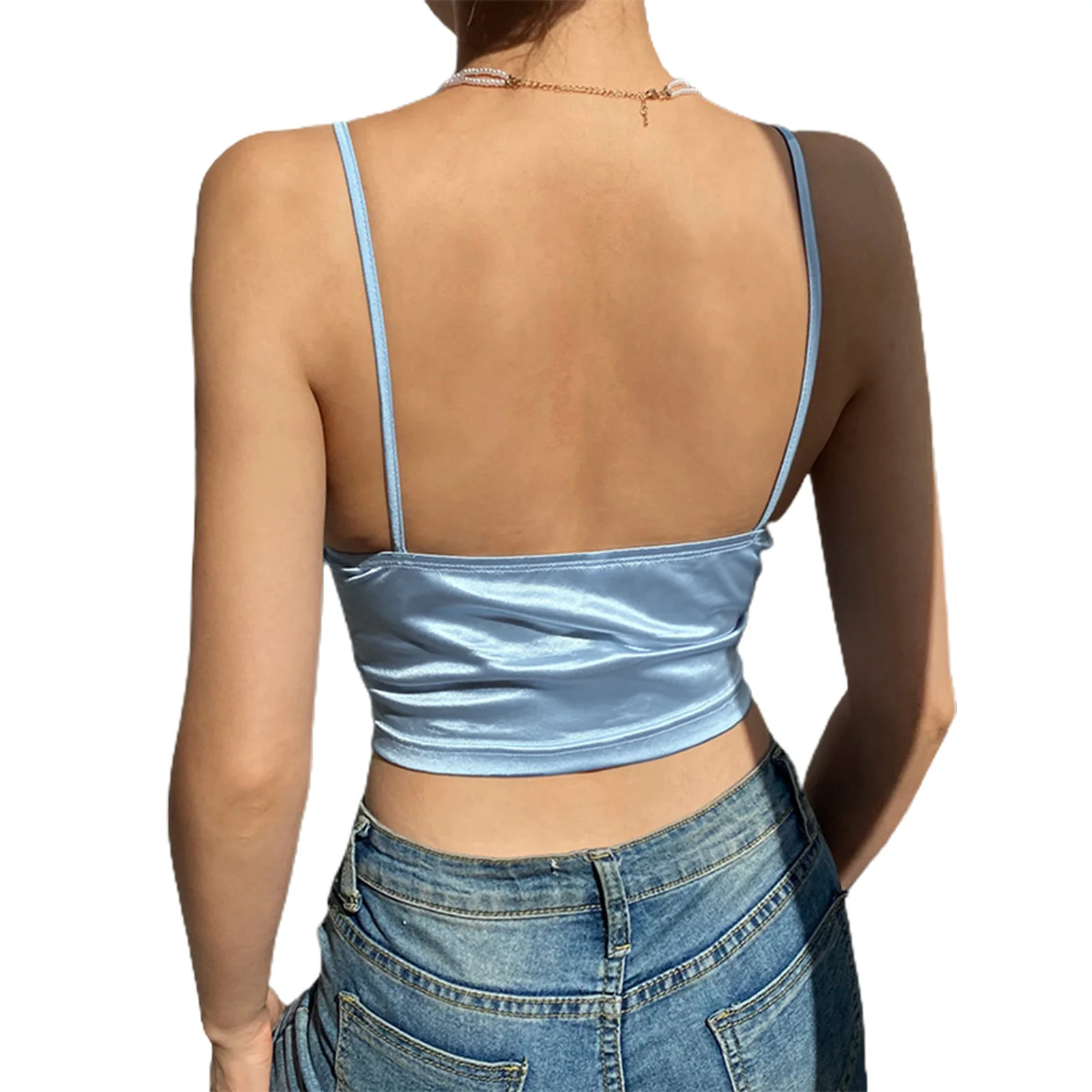

Sexy Summer Women Casual Sexy Suspender Tops Deep V-neck Backless Crop Tops Blue Brown Pink