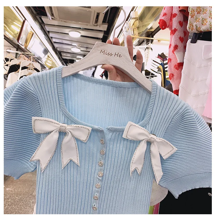

2021 Summer New Diamond Bow Square Collar Puff Sleeve Top Female Solid Color Sweet Short Knit Sweater Ladies