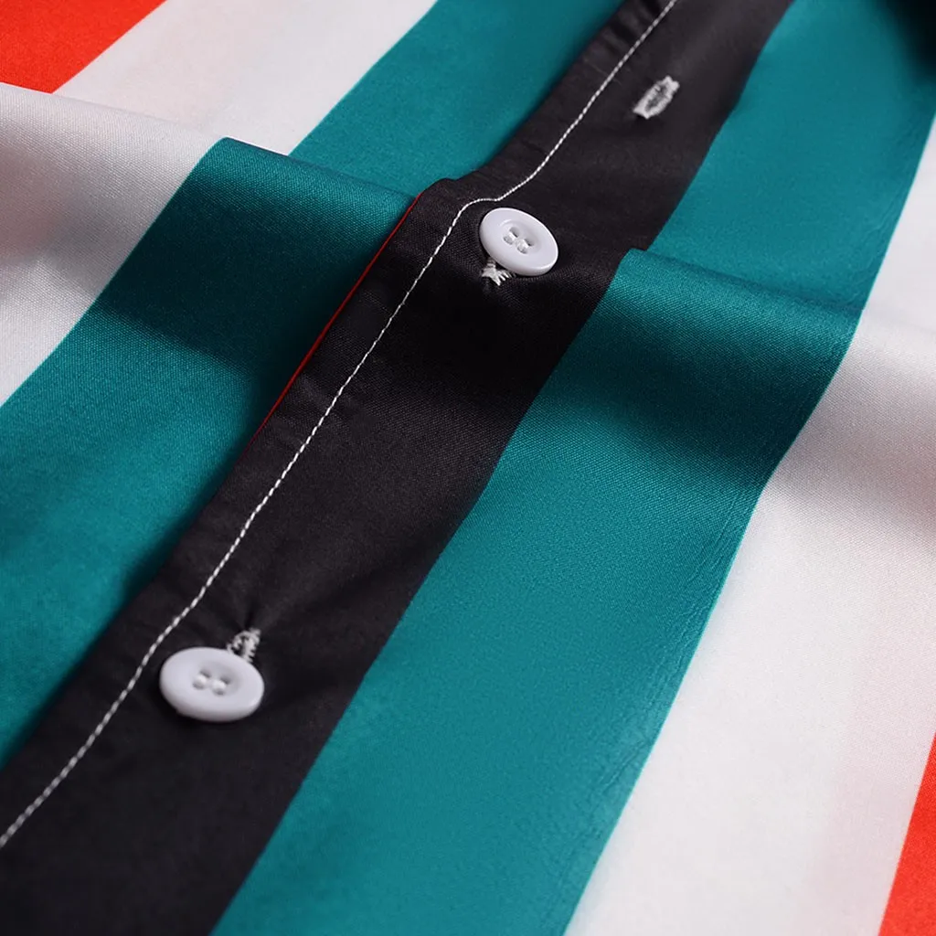 

Summer Mens Shirt Top Casual Short Sleeve Hawaiian Shirts Stand Collar Strip Print Cool Thin Shirt Men Dress Male Clothing Tops