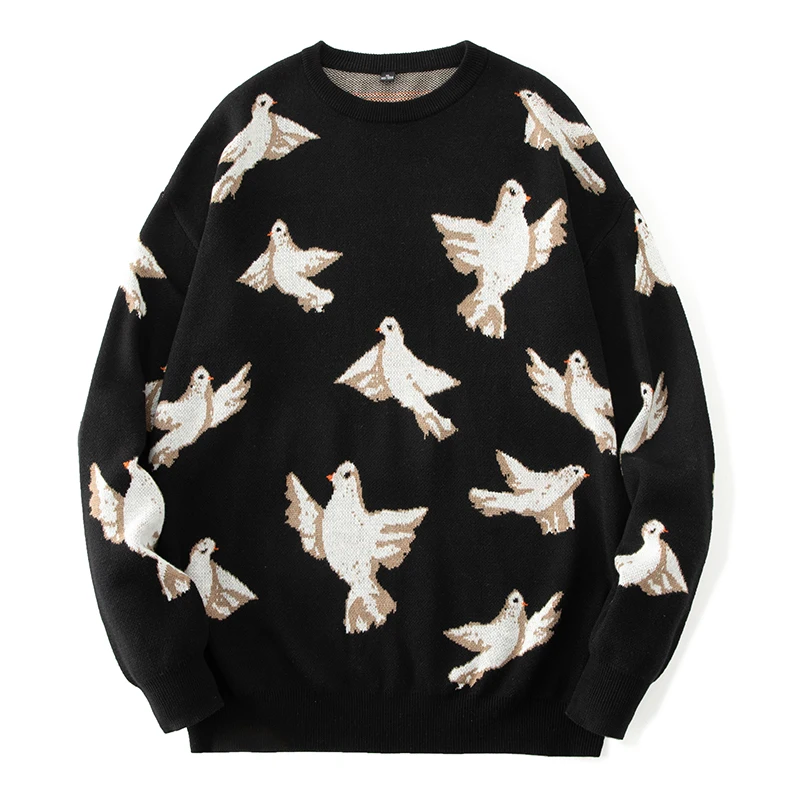 

FAKUNTN Men Casual Sweater Round Neck Cotton Autumn Winter Pullover Mens Harajuku Sweaters Pigeon Pattern Long Sleeve