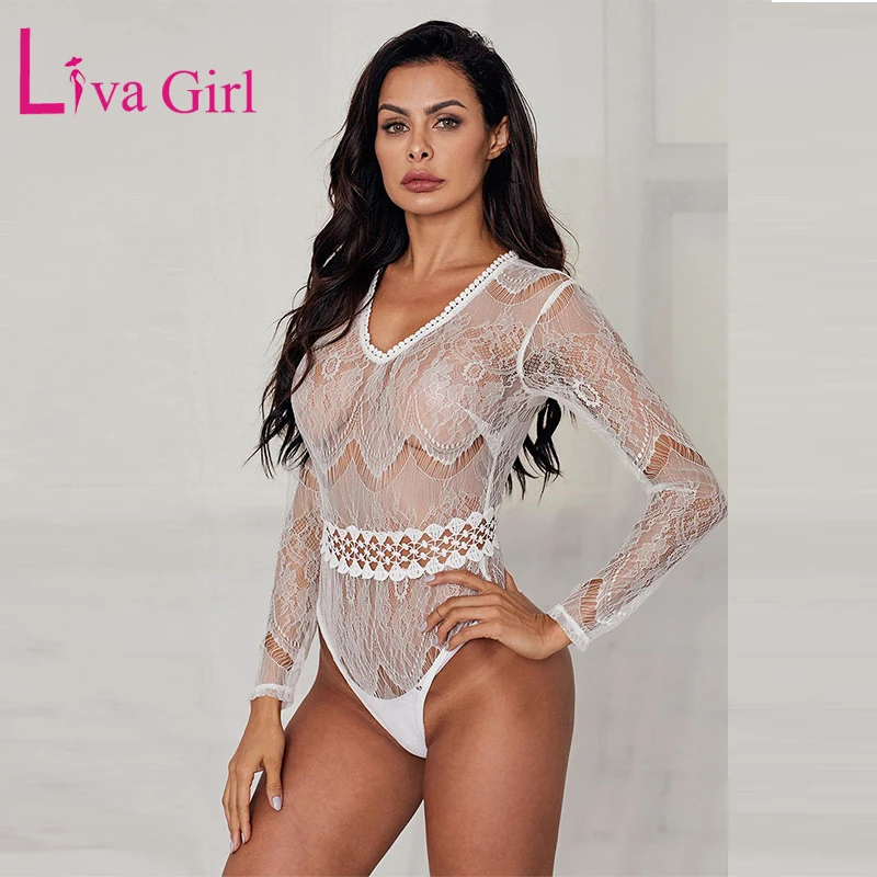 Женское Кружевное боди LIVA GIRL черное/белое с v-образным вырезом и длинным рукавом