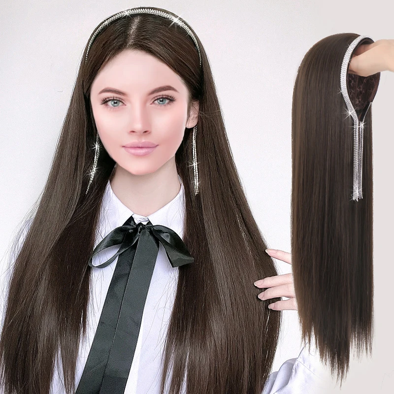 DIANQI 24 Inch Synthetic Long Straight  Brown Black Wig With Band Half a Headband for Women