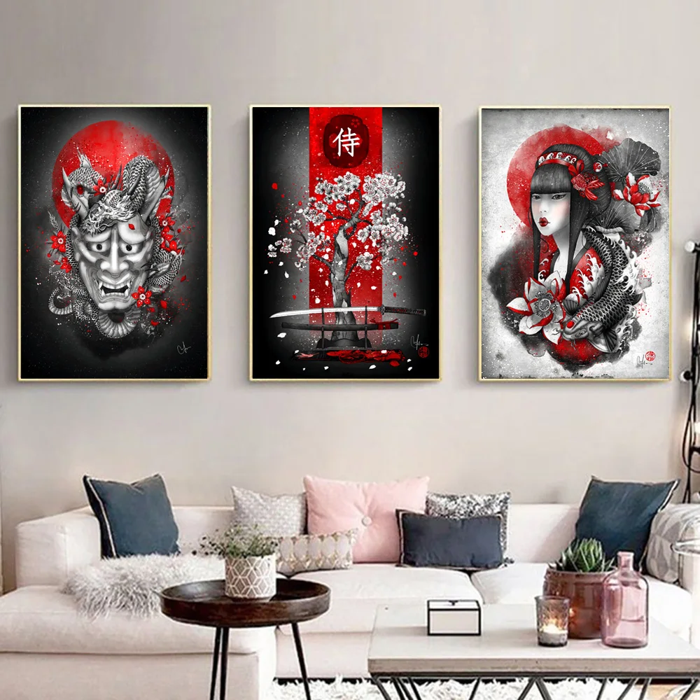 

Japanese Art Painting Geisha Samurai And Yin-Yang Fish Canvas Oil Painting Posters And Prints Wall Art Room Decorative Picture