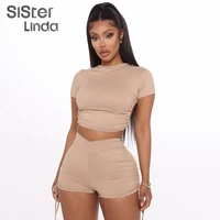 sisterlinda fitness tracksuit women 2 piece set short sleeve backless bandage top and ruched biker shorts outfit streetwear 2020