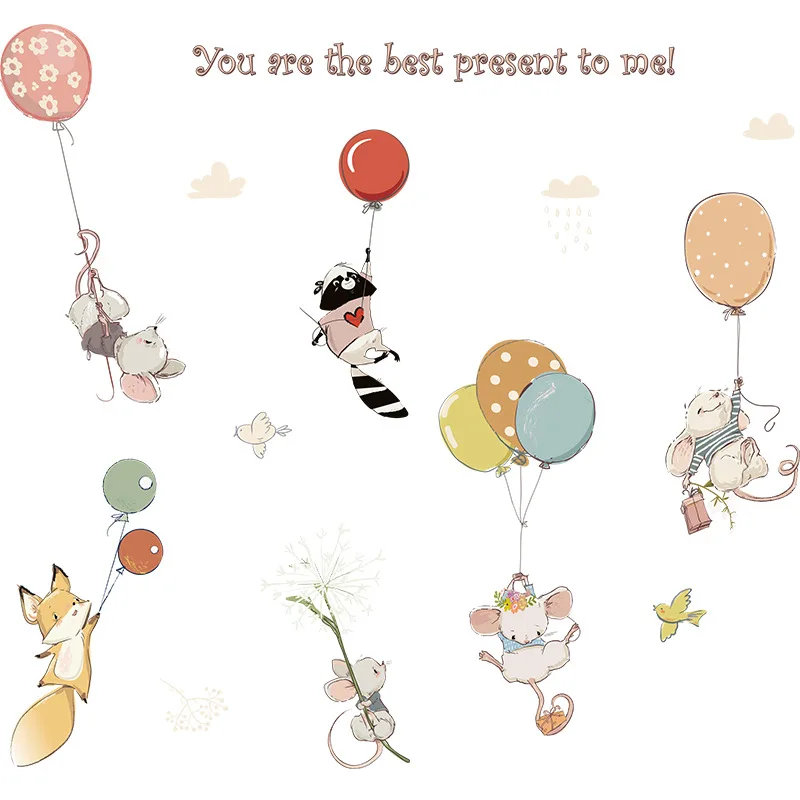 

Cartoon Mouse Balloon Wall Stickers for Kids Room Kindergarten Animals Decor Nursery Bedroom Floor Wall Decoration Wallpaper Art