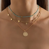 ingemark kpop blue beads handmade chain necklace for women collier femme aesthetic boho vintage love coin pendant y2k jewelry