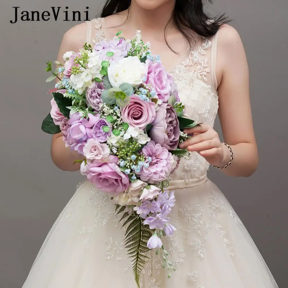 JaneVini 2019 Романтический водопад фиолетовые Свадебные цветы букет невесты Искусственные Шелковые Розы Свадебные букеты Ramo De Novia