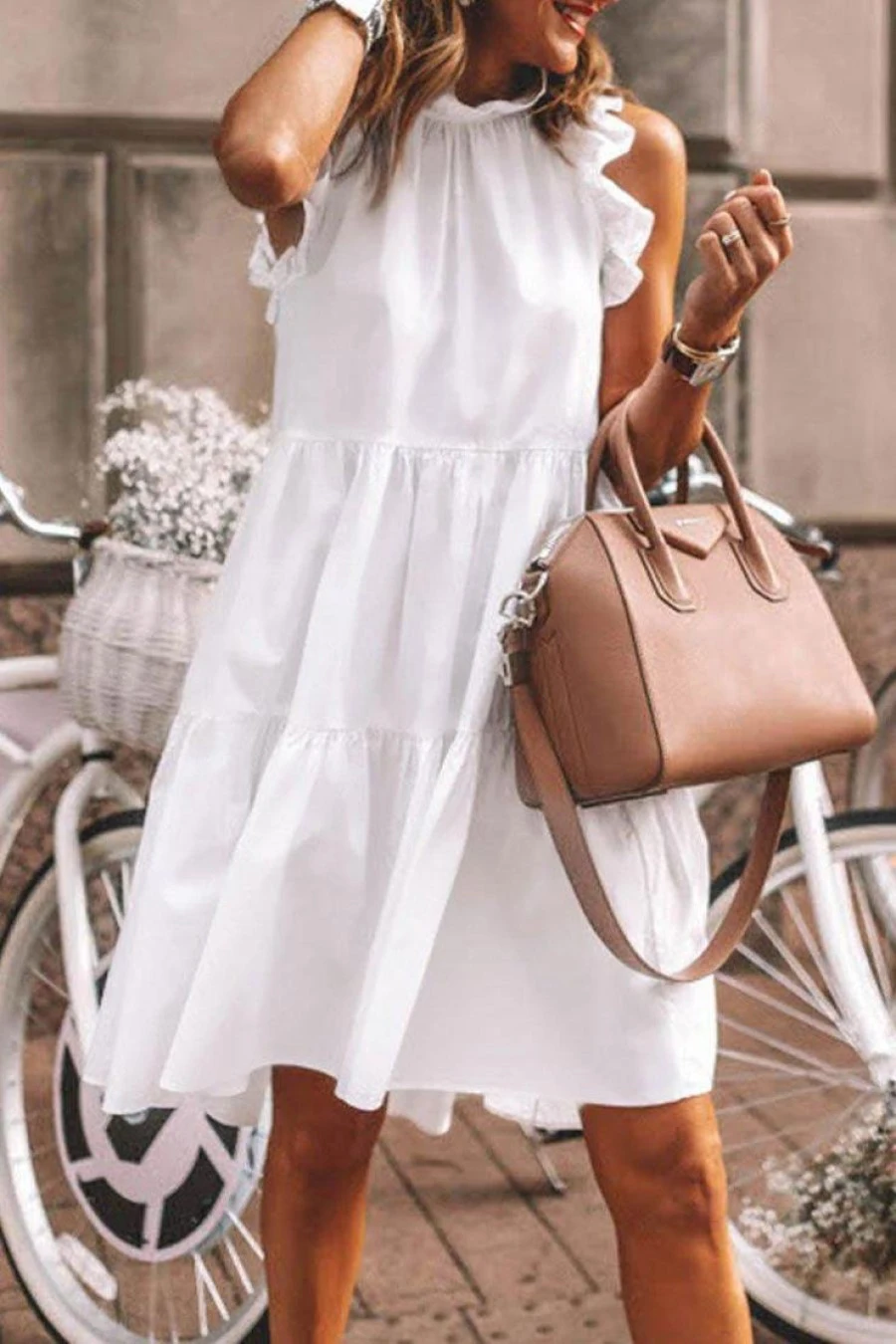 

Fall 2021 elegant white high neck ruffle dress sexy long sleeve short loose dress fashionable puff sleeve dress