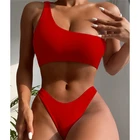 Сексуальный однотонный комплект бикини-бандо GNIM 2021 летний бандажный купальник с открытой спиной женский купальник из 2 предметов на одно плечо женский купальник