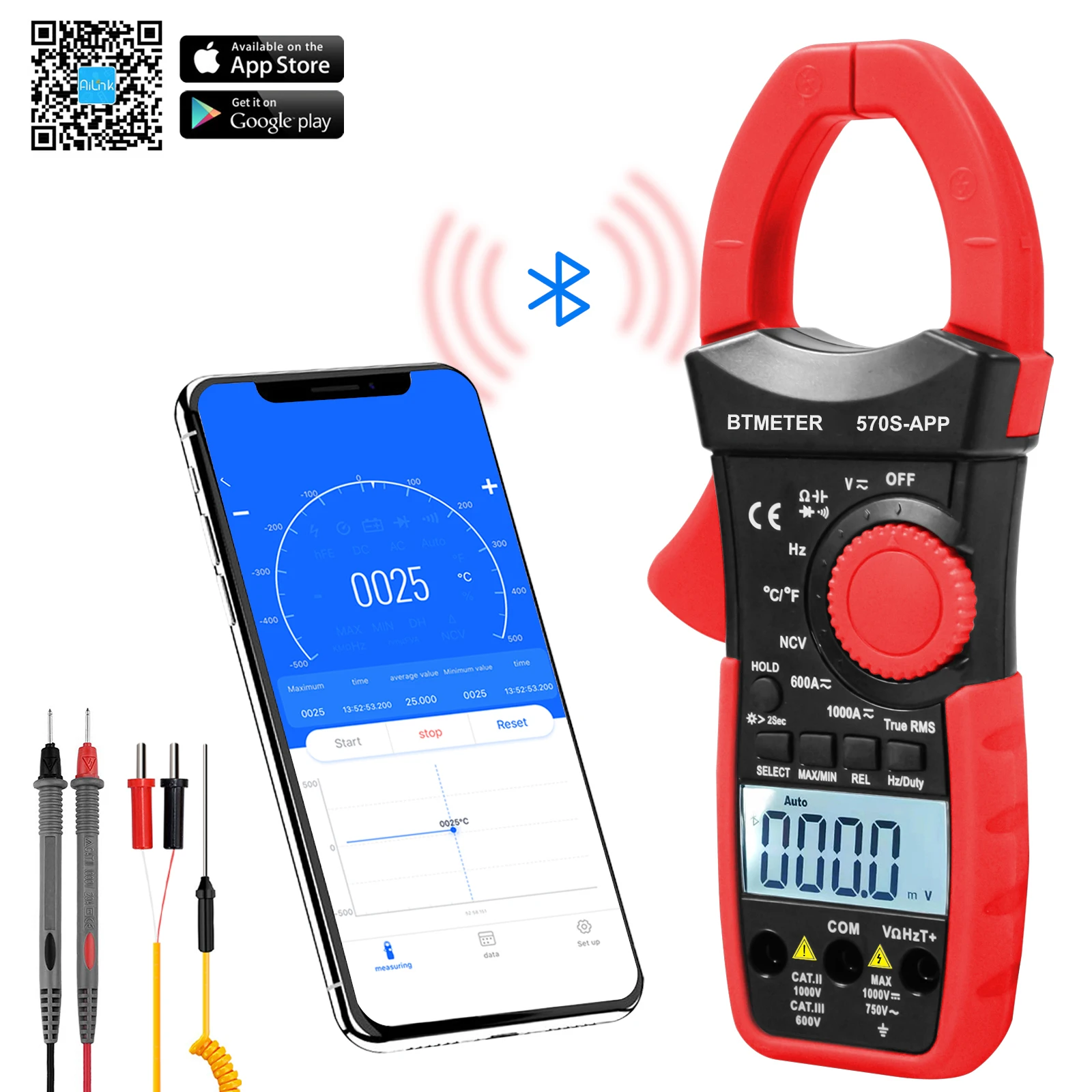 

BT-570S-APP Digital AC/DC Volt Amp Clamp Meter,Wireless Bluetooth 1000A Meter for Voltage,Current,Ohm,Cap,Temperature Tester