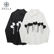 Spring Women Trendy Bow Shirt Vintage Elegant Long Sleeve Polo-Neck Loose Office Ladies Shirts Femal