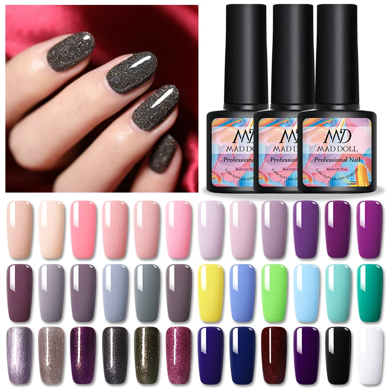 Гель лак MAD DOLL для ногтей 3 в 1 8 мл блестки отмачиваемый УФ базовое верхнее