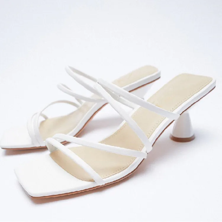 

ZAR 2021 Summer New White One Word With Fashion Square Toe High Heels Sexy Stiletto Muller Sandals And Slippers Women Luxury