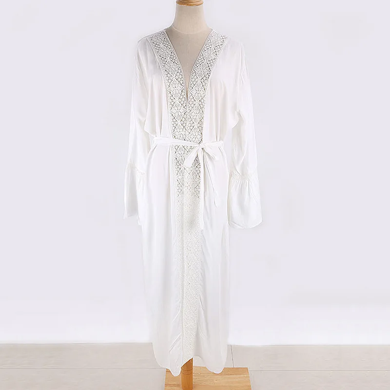 

FORERUN Summer Long Kimono White Cargidan Long Lace Beach Cover Up Women Tunic Wrap Dress Casual Beachwear Saida De Praia Pareo
