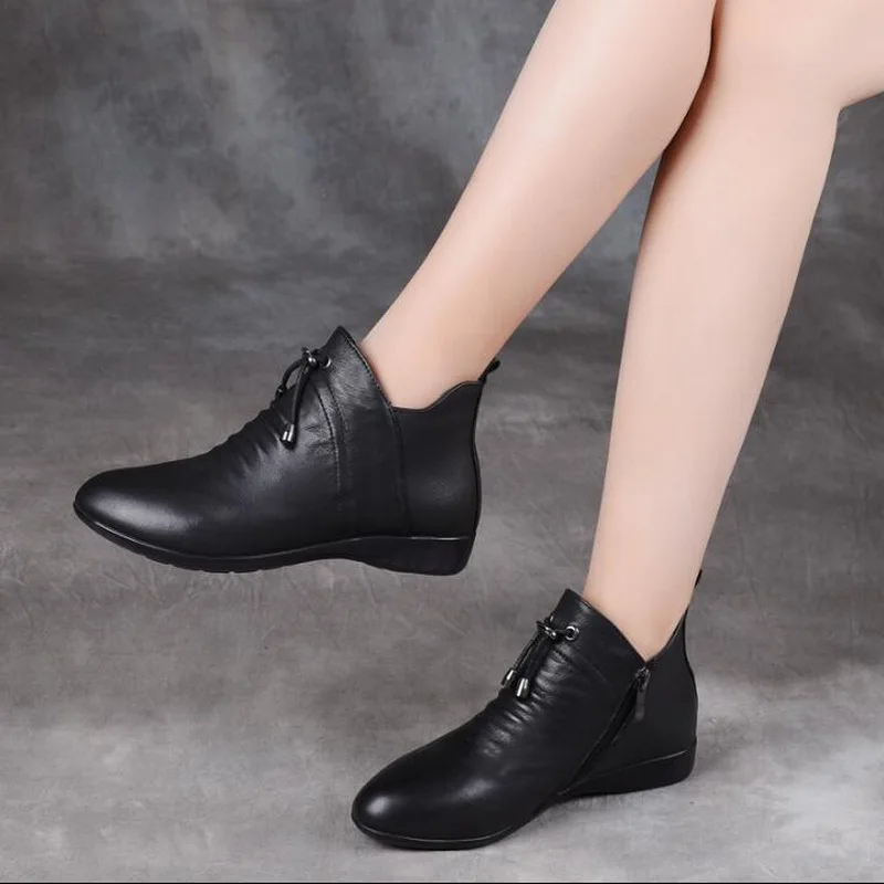 New Style Genuine Leather Women Ankle Boots Autumn Fashion Pleated Zipper Single Boots Women Flats Comfortable Spring Ladies Sho