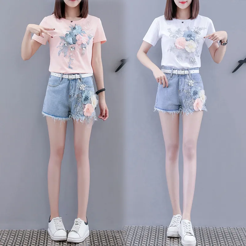 Женский комплект из 2 предметов летние комплекты с вышивкой и объемным цветком