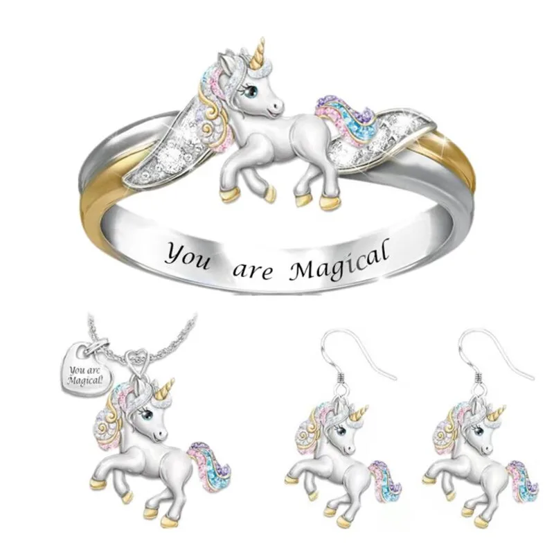 

Fashion exquisite and cute colorful unicorn necklace earrings ring set combination wear jewelry Valentine's day jewelry gift
