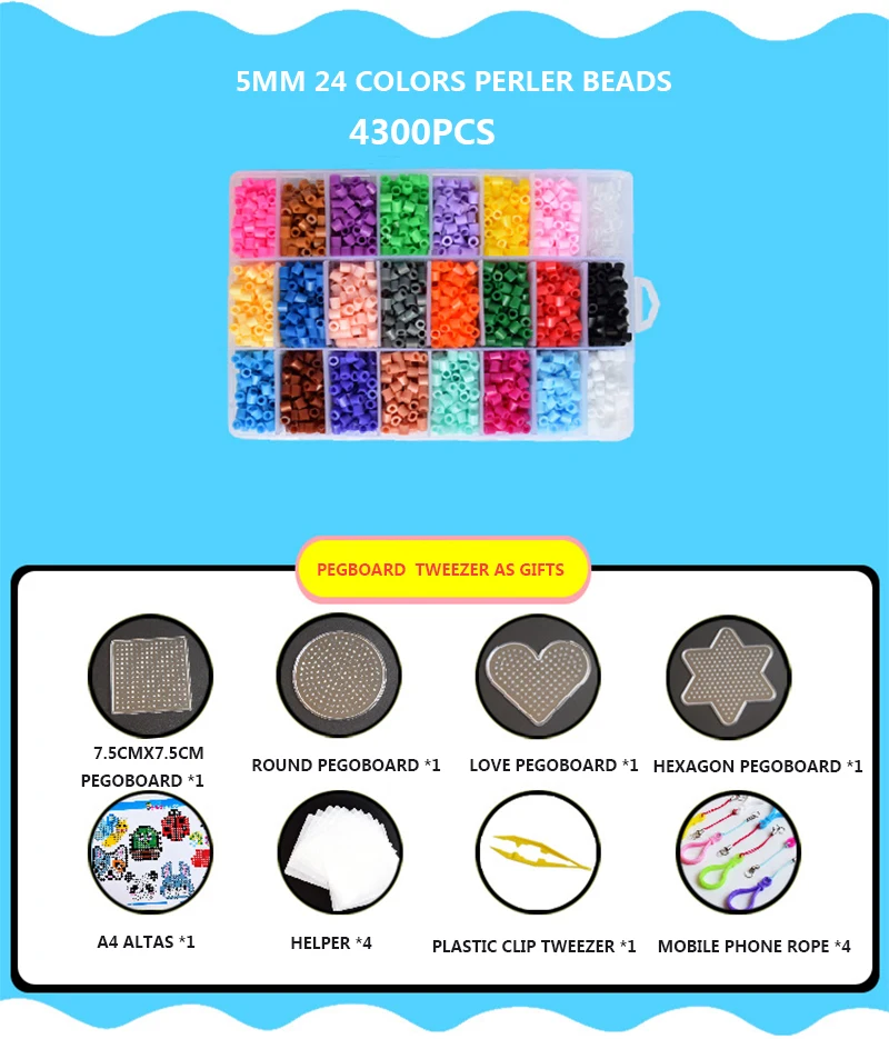 4300pcs/set Hama Beads 5mm DIY Pegboard Plastic Clip Tweezer fuse beads Board Colored Picture as gift toy for Children