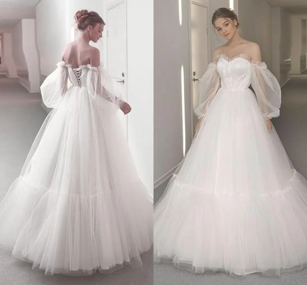 

Новинка, элегантные кружевные свадебные платья, платья невесты со съемными пышными рукавами, платья с открытыми плечами