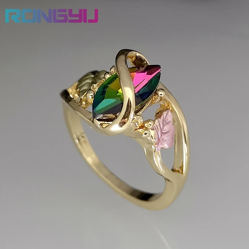 

2021 New Fashion Color Painting Sweet Hollow Design Tree Leaf Colorful Tourmaline Crystal Ring For Women Female Wedding Jewelry