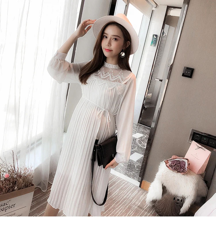 Envsoll Spring Autumn Maternity Dress Mom Long-sleeved Lace Pleated Chiffon Dress Maternity Clothes For Pregnant Women