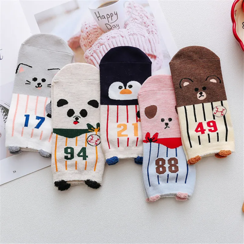 14-5Pairs 5 пар, женские хлопковые носки с рисунками животных, розовые милые короткие носки с котом, короткие носки, повседневные носки с ушками животных и красными сердечками для девочек, Размеры 35-40 - Цвет: 14-5Pairs