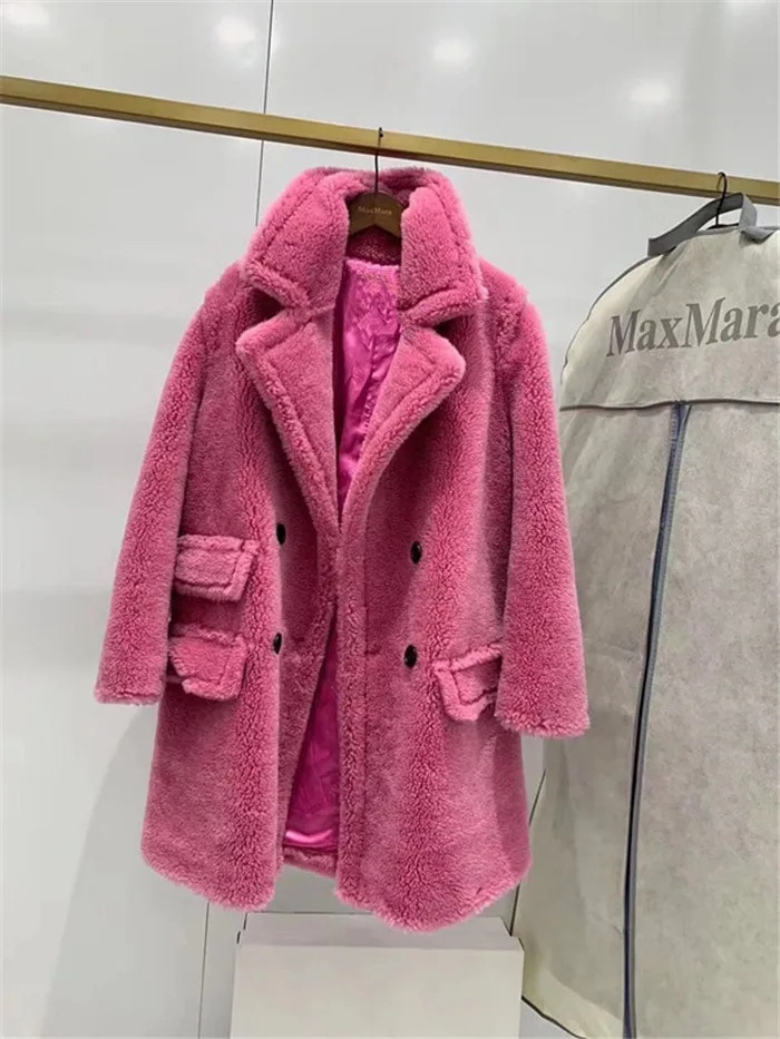 rose red Зима, новая мода, Женское пальто с мишкой Тедди, Натуральная шерсть, овечий мех, длинное пальто, куртка, Толстая теплая - Цвет: rose red
