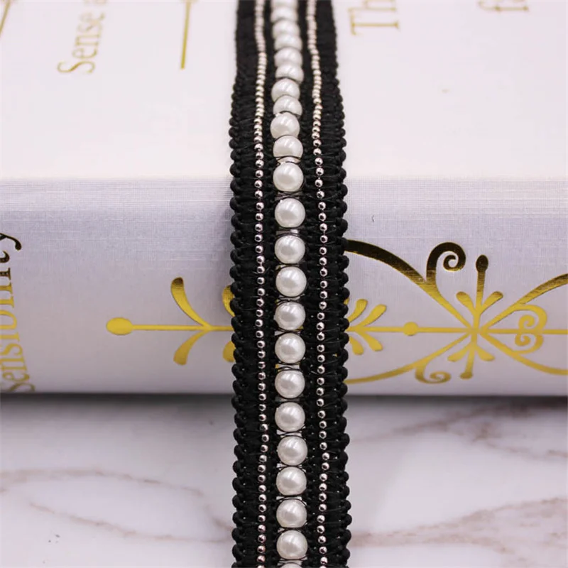 1 ярдов/партия белый/черный жемчуг отделка бисером кружево лента ткань кружевной