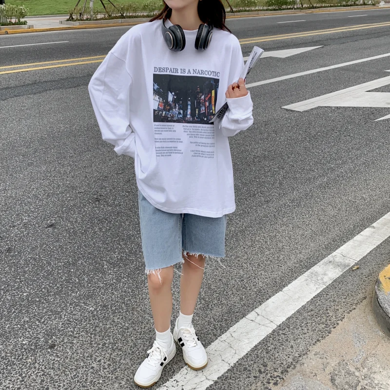 

oversize t shirt2021 Autumn Style White round Neck Printed Widetee shirt women