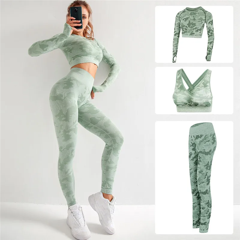 

Yoga Set Fitness Sports Suits Women Seamless Gym Clothing Long Sleeve Crop Top Shirts High Waist Running Leggings Workout Pants