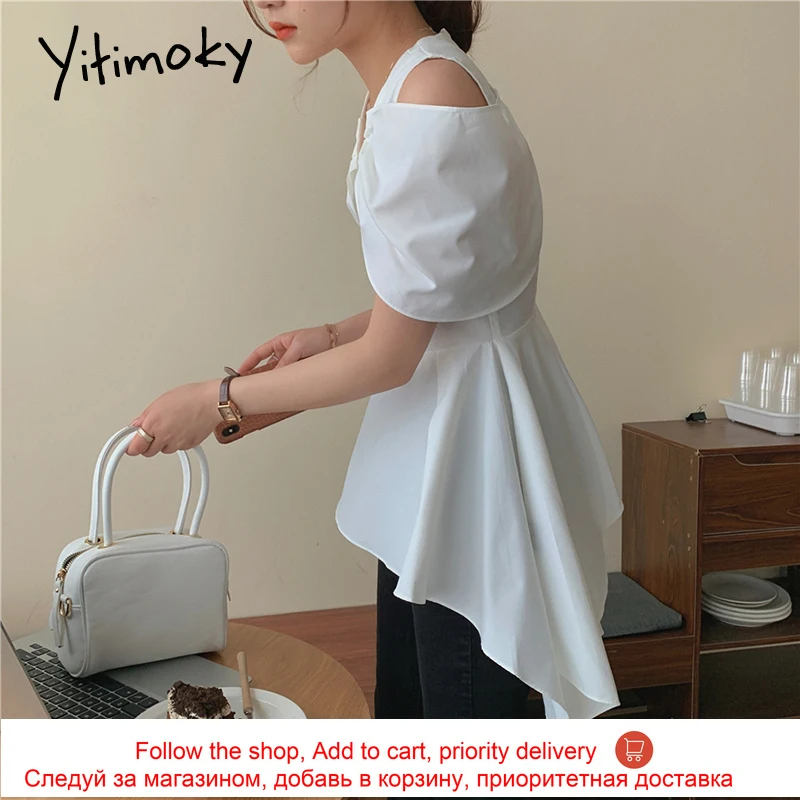 

Yitimoky Vintage Women Shirts V-Neck Spliced Bare Shoulder Irregularity Ruched Elegant Ruffle Shirt Tops 2021 Summer Fashion New