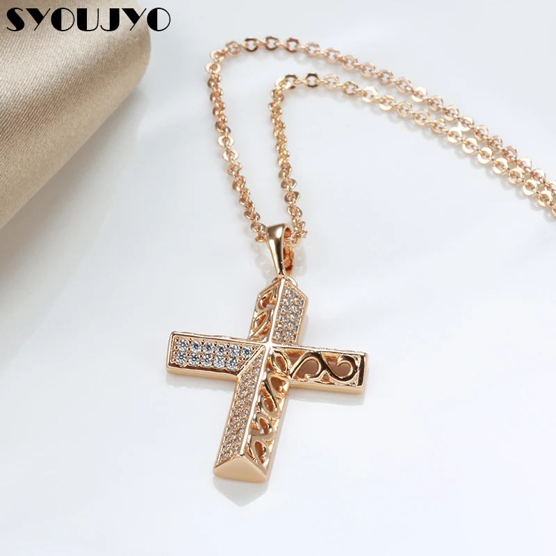 

SYOUJYO Trendy Luxury Cross Necklace 585 Rose Gold Color Crystal Jesus Cross Pendant Necklace For Women Couple Fine Jewelry Gift