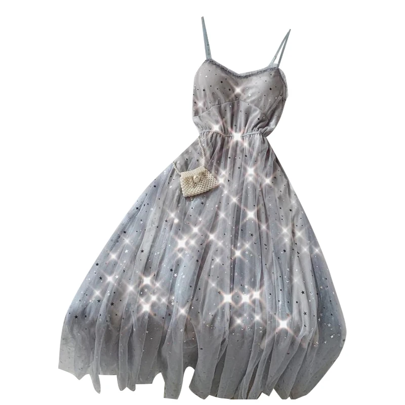 Летнее женское платье принцессы со звездами и блестками элегантное с подкладом